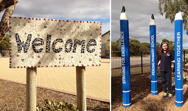 welcome sign and student at the front